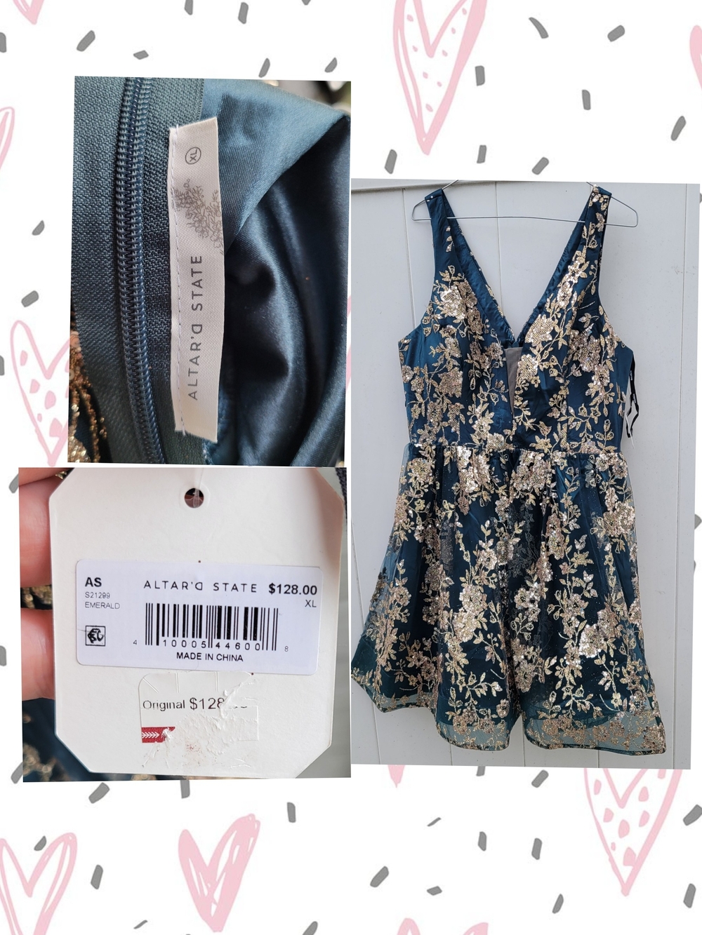 Altar'd State Teal Dress with Gold Floral Embroidery